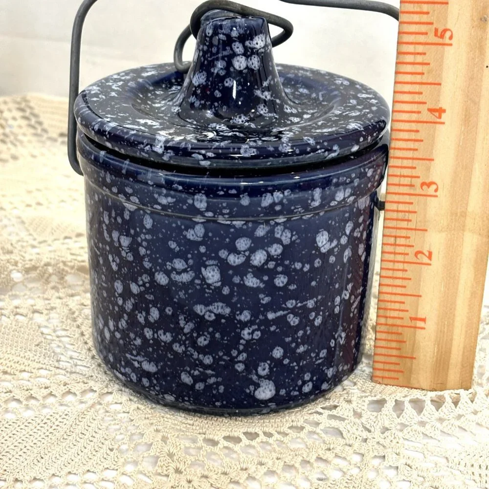 * Stoneware Cheese Butter Crock Jar wire Bail Lid Speckled Cobalt Blue Vintage